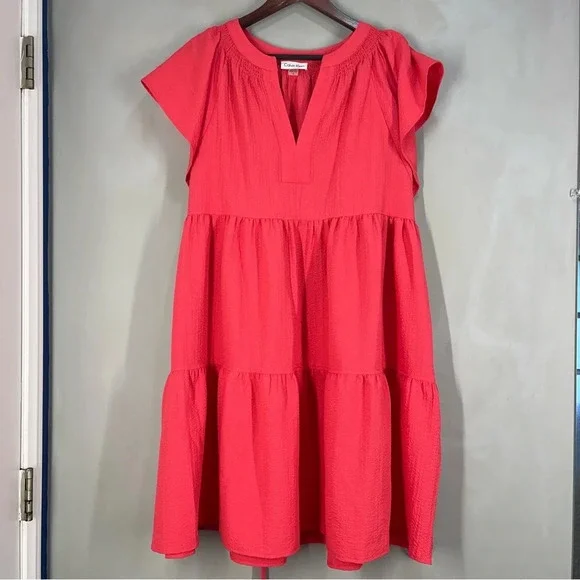 Calvin Klein Women's Flutter Sleeve V-Neck Gauze Dress Size 12 NWT Watermelon - Picture 5 of 16